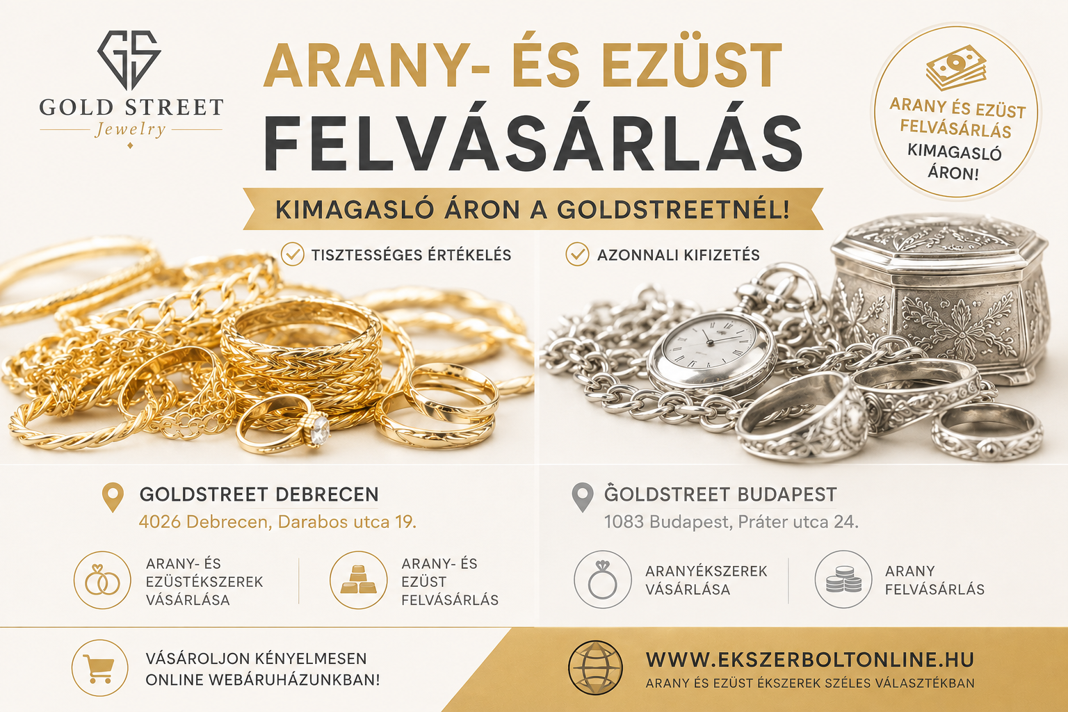 Arany- és ezüstfelvásárlás kimagasló áron – GOLDSTREET Debrecenben és Budapesten